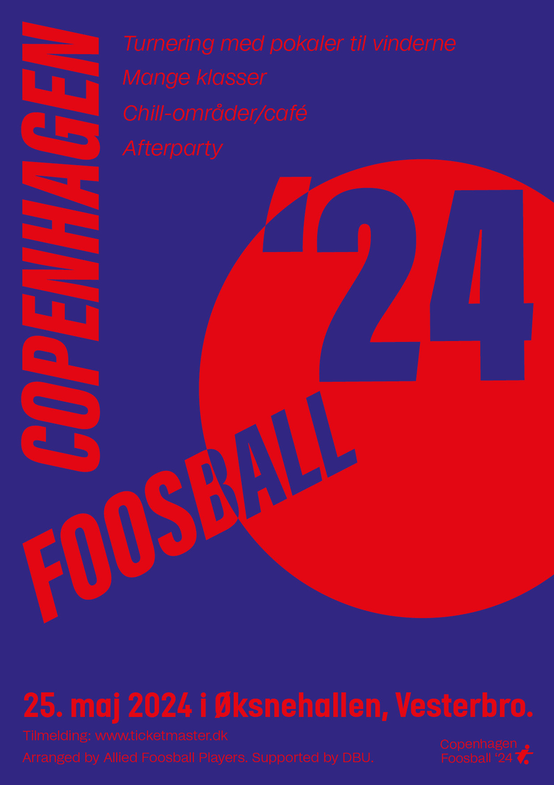 A blue and red poster for a foosball event.