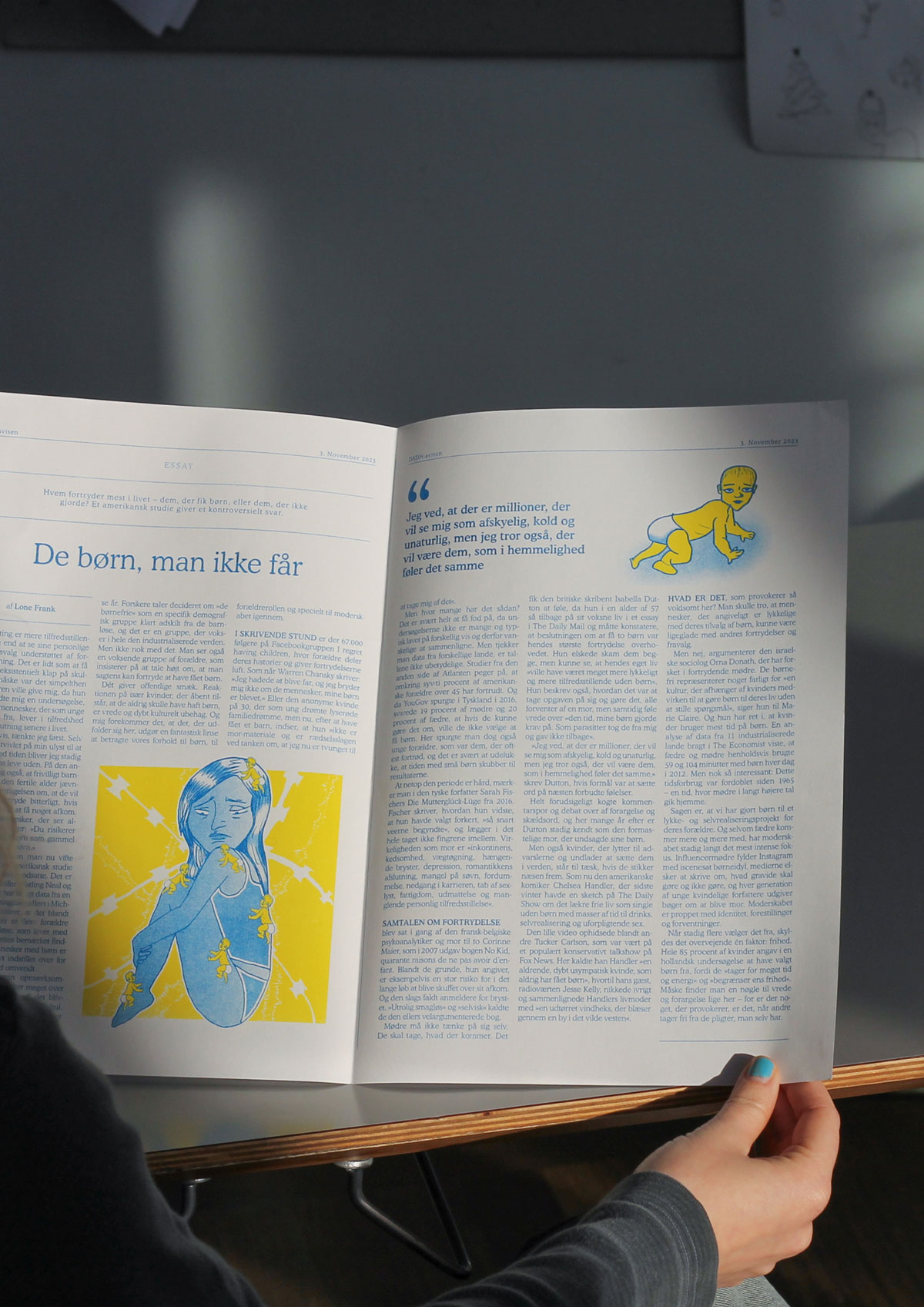 A picture of someone holding a yellow and blue risoprinted spread.