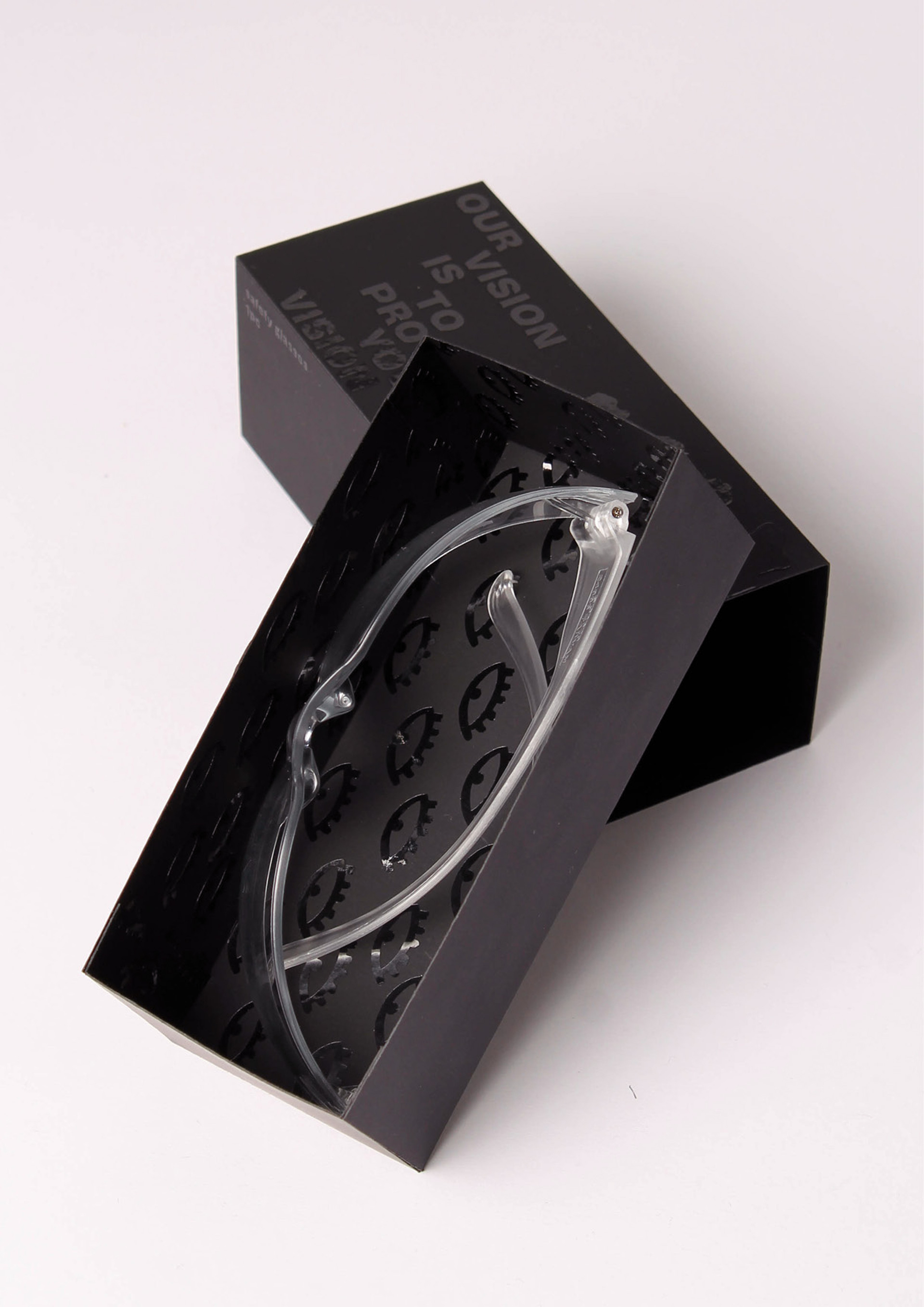 Black packaging design for safety glasses.