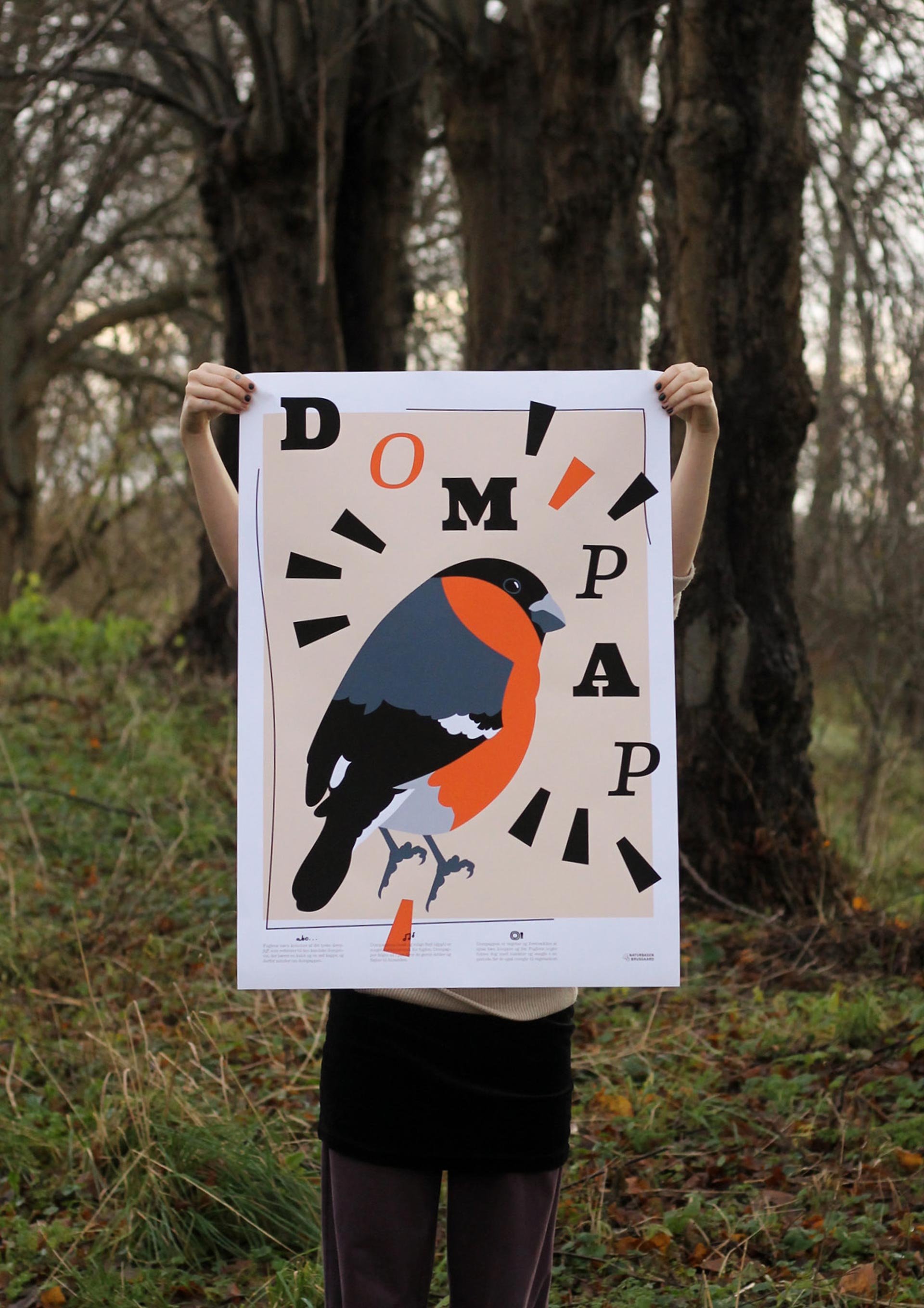 A poster of a bird being held by a person in the forest.