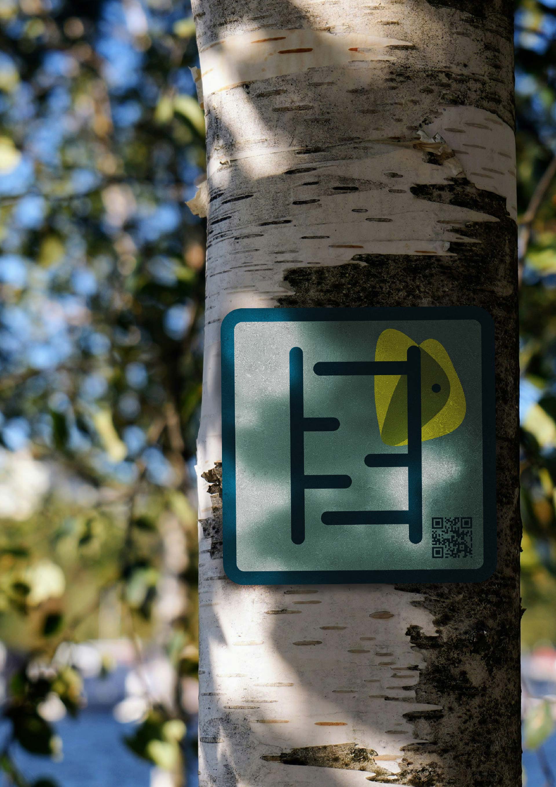 Pictogram hanging on a tree in the forest.