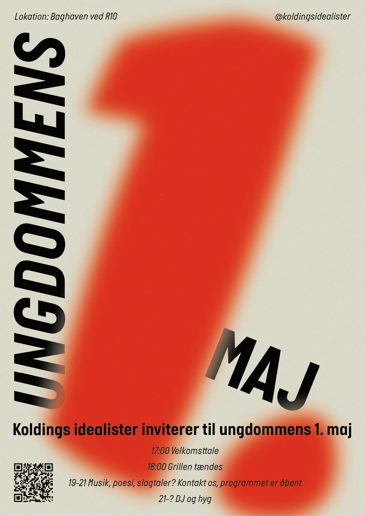 An eventposter in cream, red and black.