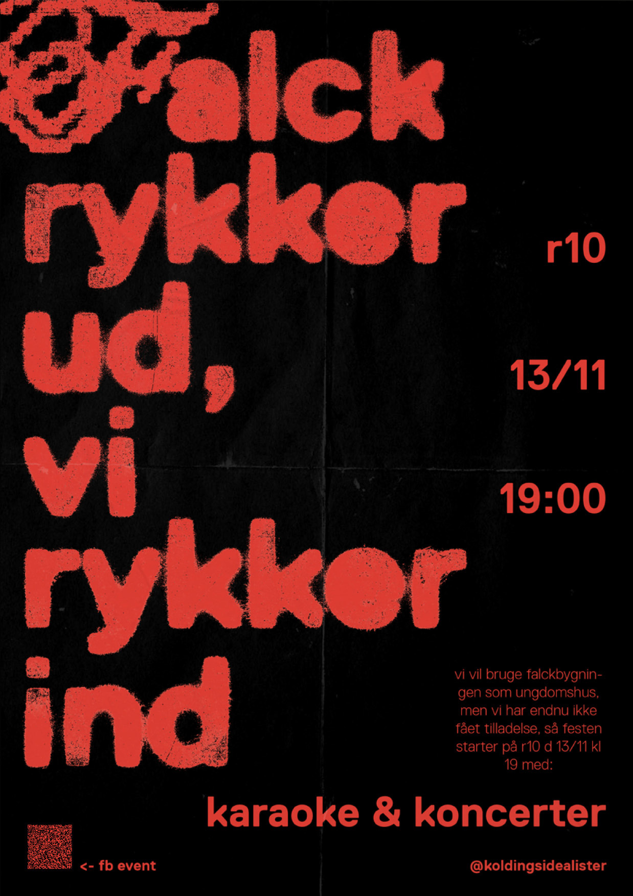 An eventposter with black background and red grungey typography.
