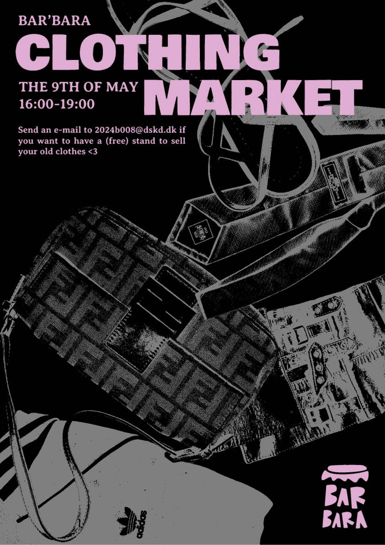 Black, pink and grey eventposter for a clothing market.