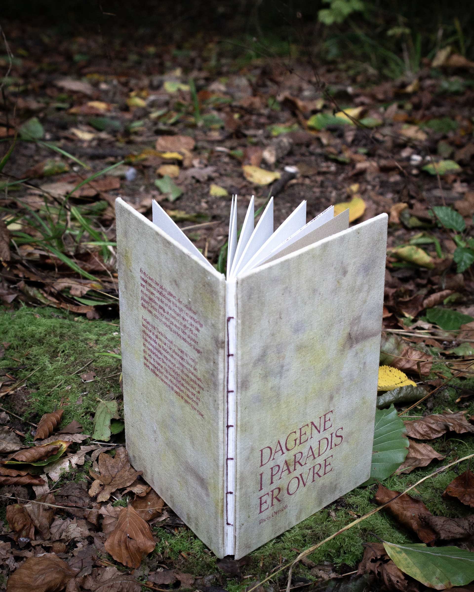 Book with handdyed fabric standing in the forest.