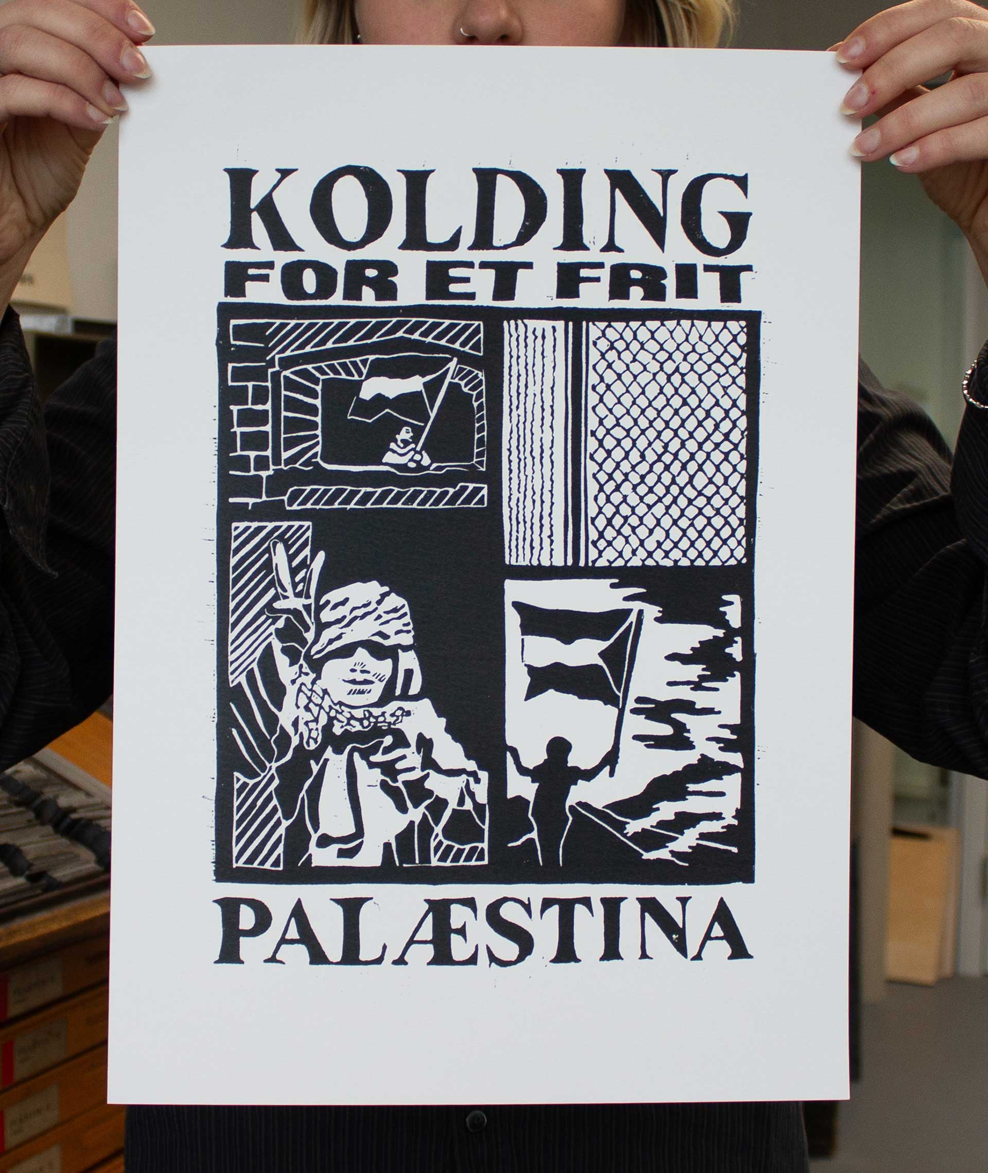 Black linoprint on white paper.
