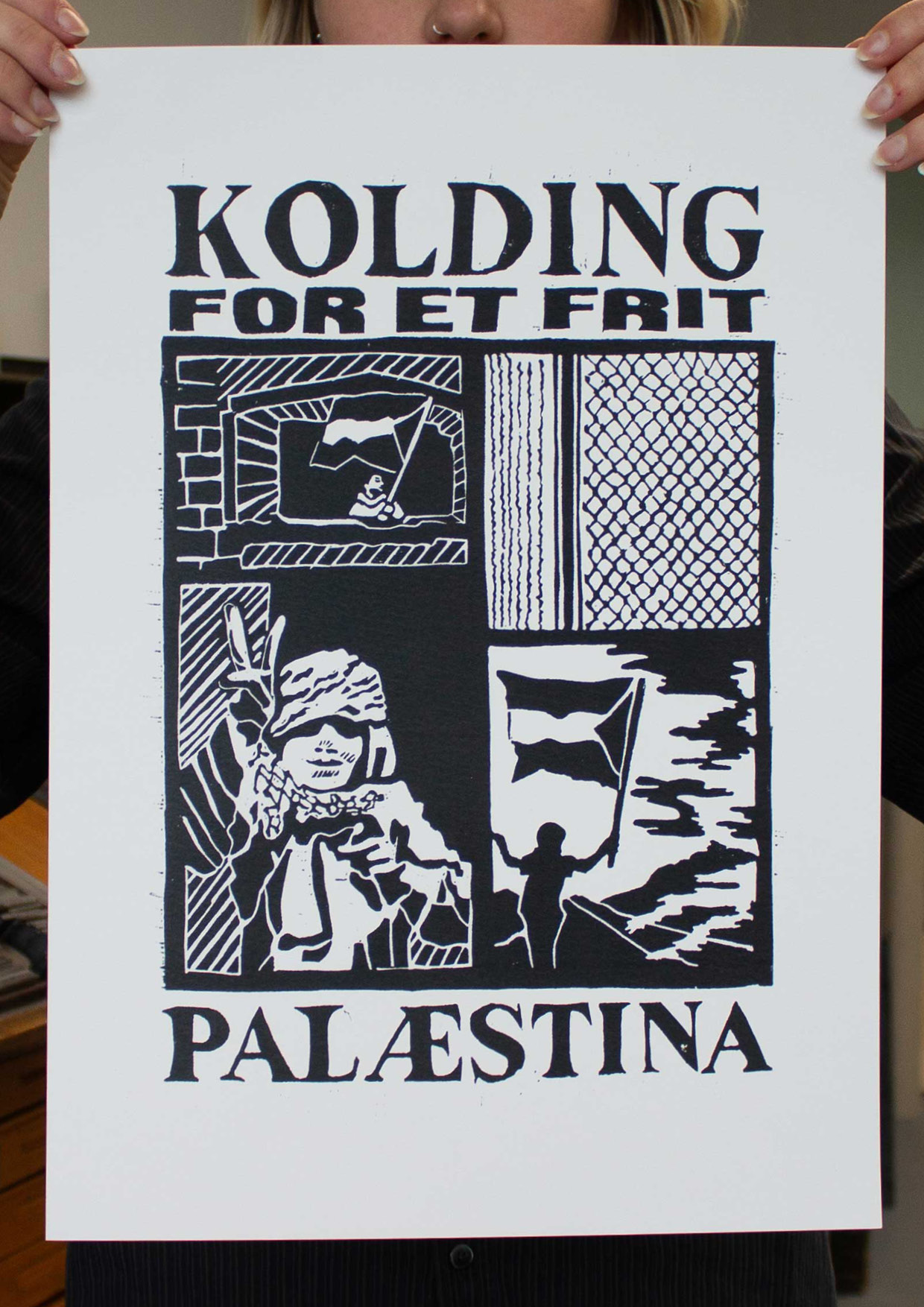 A linocut with black ink on white paper.